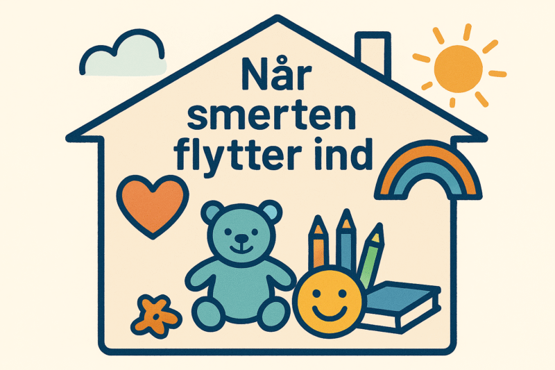 Illustration fra børnepjecen “Når smerten flytter ind” med bamse, hjerte, regnbue og sol – et projekt støttet af HJMV Fonden.