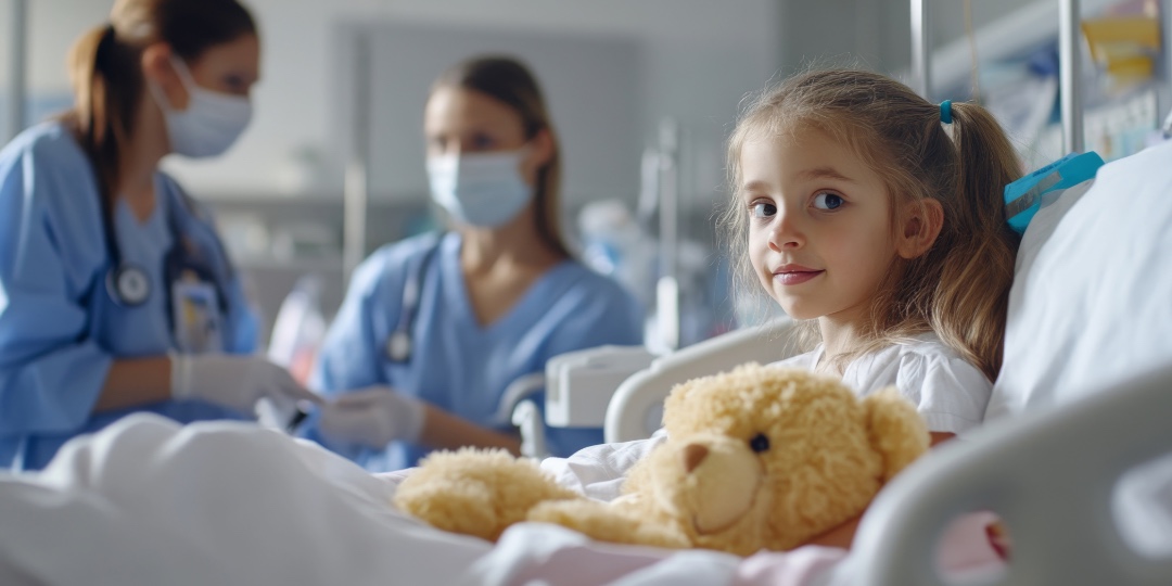Et barn ligger i en hospitalsseng med en bamse, mens to sundhedspersoner står i baggrunden.